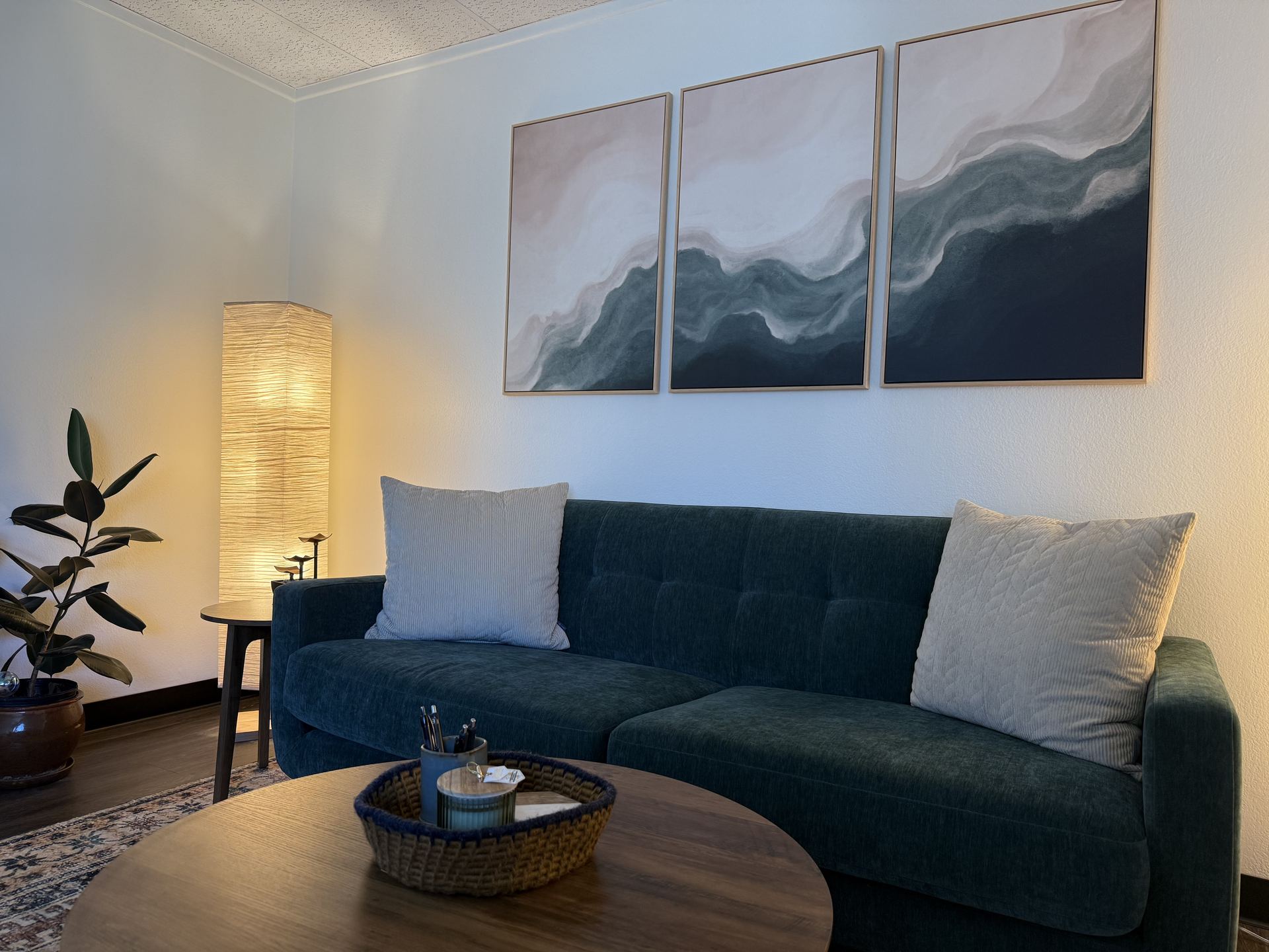 Vera McGrath's warm, inviting therapy office in Carlsbad