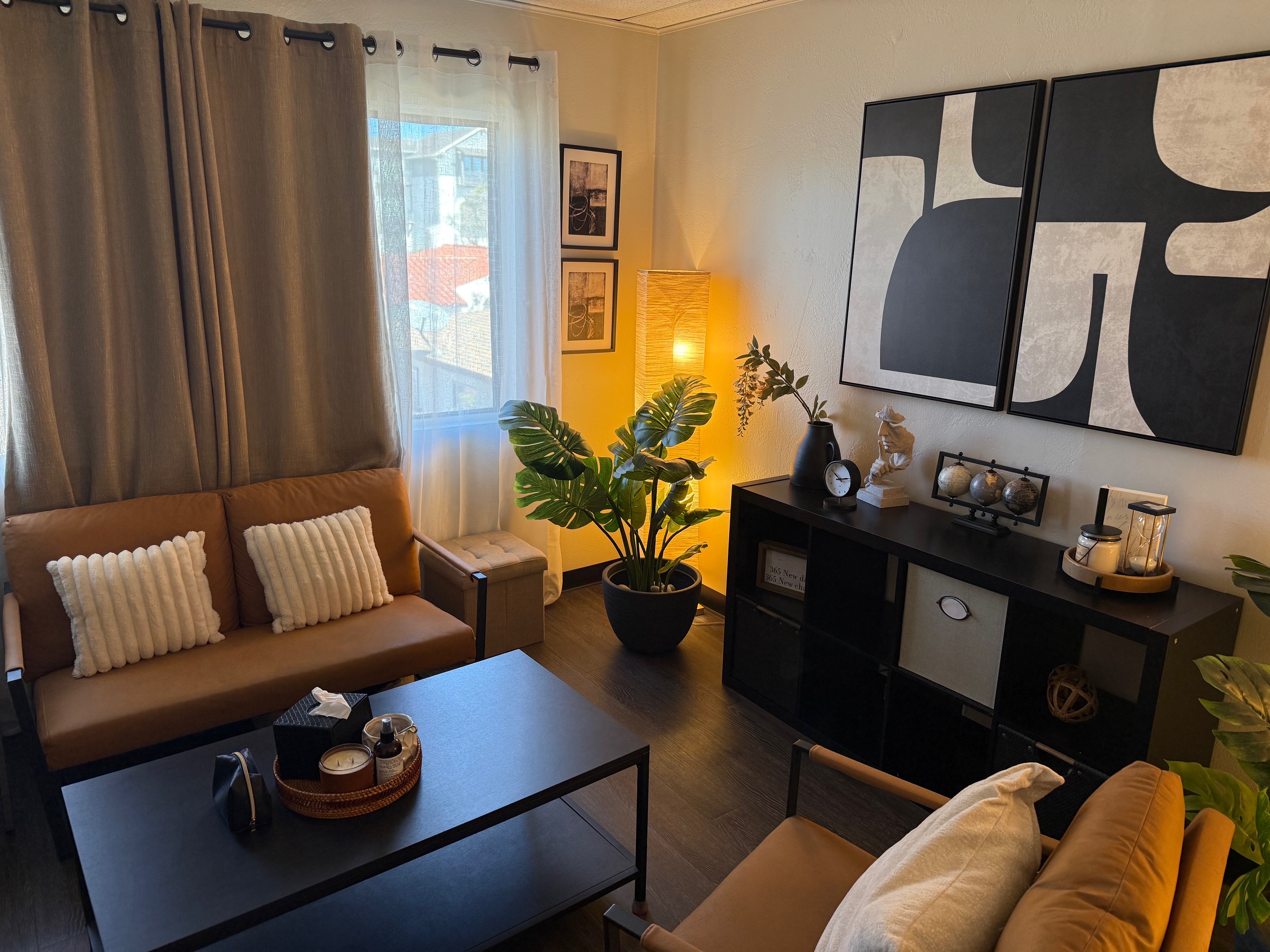 Vera McGrath's inviting therapy office in Carlsbad, CA