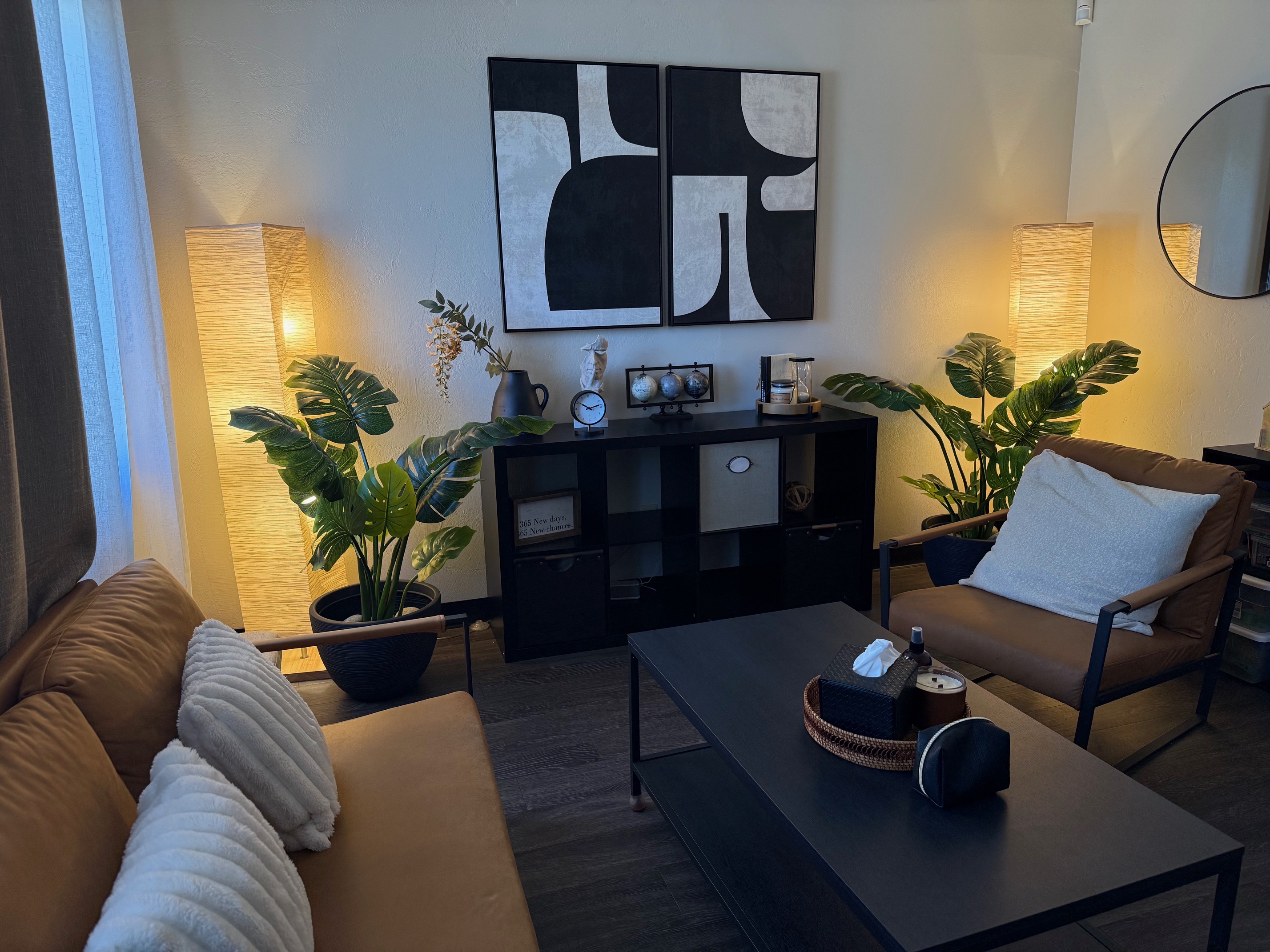 Vera McGrath's warm therapy office in Carlsbad, CA